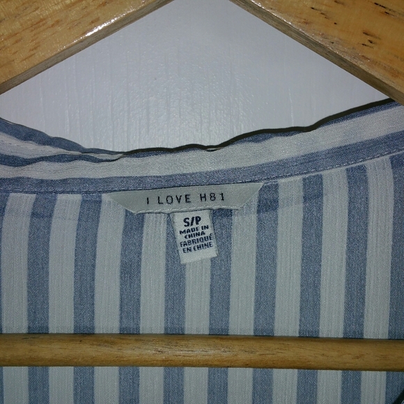 I Love H81 striped sheer blue & white long sleeve shirt dress with button front - Picture 3 of 4